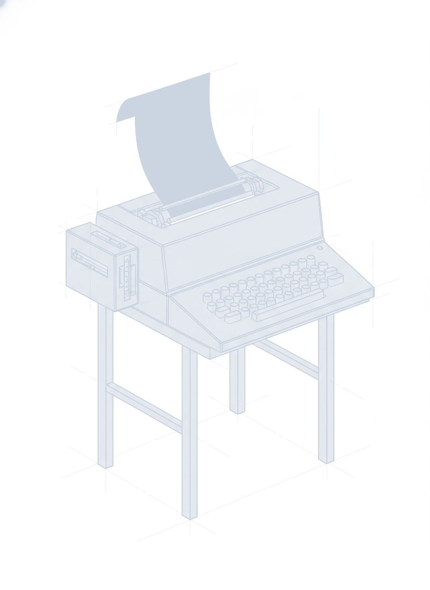 Blueprint of a teleprinter on a stand, paper feeding out of the platen
