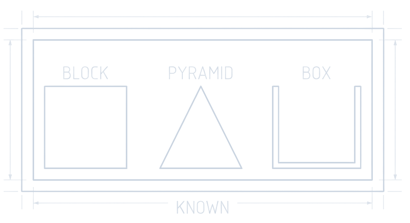 Blueprint: a bounded box containing a block, a pyramid and a box, dimensioned and labelled KNOWN